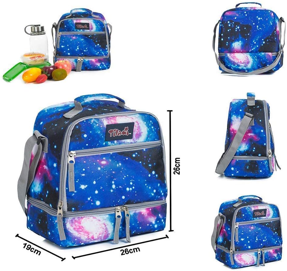 Tilami Lunch Bags Insulated Adjustable Strap Zipper, Two Compartments Cooler Bags, Bento Bags for Kids Toddlers (Blue)