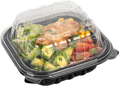 Thermo Tek 40 Ounce Clamshell Containers, 50 Disposable Take Out Boxes - 3 Compartments, Ventilated Lids, Black Plastic Meal Prep Containers, Microwavable, For Pasta Or Salads - Restaurantware