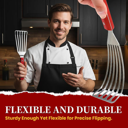 GRILLGEN Fish Spatula Stainless Steel -12.4" Metal Slotted Turner with Full Tang Red Handle, Ultra-Thin Flexible Fish Flipper for Cast Iron Skillet & Grilling, Flipping Eggs & Pancakes, Heavy Duty