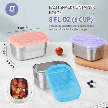 Tanjiae Small (1 CUP) Stainless Steel Snack Containers for Kids | Easy Open Leak Proof Food Containers with Silicone Lids - Perfect Metal Toddler Lunch Box for Daycare and School (8oz)