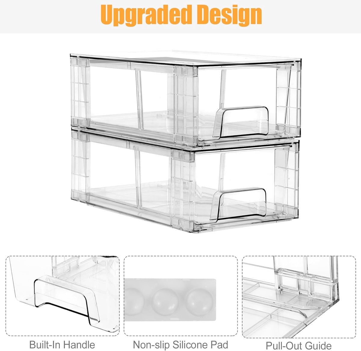 6 Pack Stackable Storage Drawers,Plastic Organizers Bins, Drawers Storage with Handles and Movable Dividers for Organization and Storage in Fridge,Bathroom, Pantry, Kitchen Cabinets, Under Sink