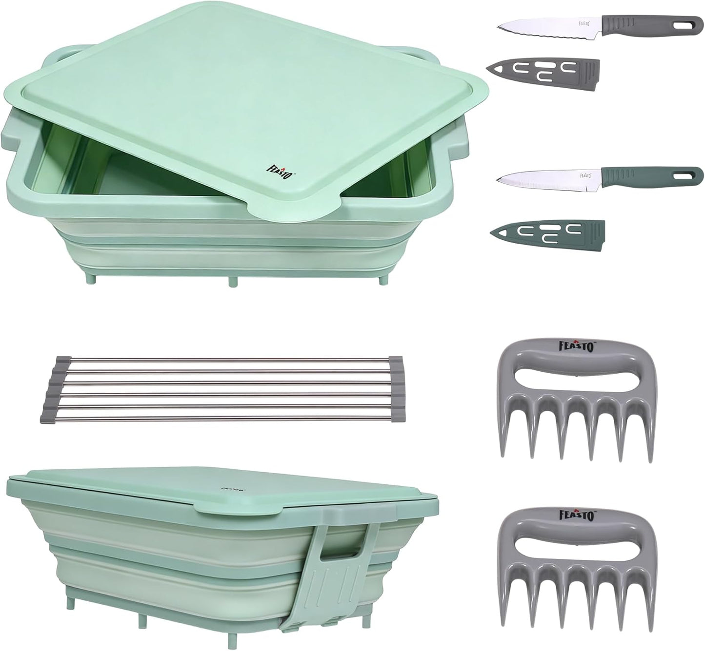 Feasto Collapsible BBQ Prep Tubs with Cutting Board, 9-IN-1, 2 Tubs Portable Grill Prep Station with Side Brackets, Lids, Knives, Meat Claws and Drain Rack, Space-Saving for Kitchen & Camping, Black