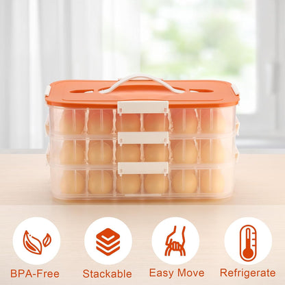 BTSKY Deviled Egg Platter with Lid, 3-Layer 54 Slots Deviled Eggs Carrier, Clear Portable Egg Holder for Fridge Reusable Deviled Eggs Tray Carton Box for Easter and Party Favor (3-Layer, Orange)