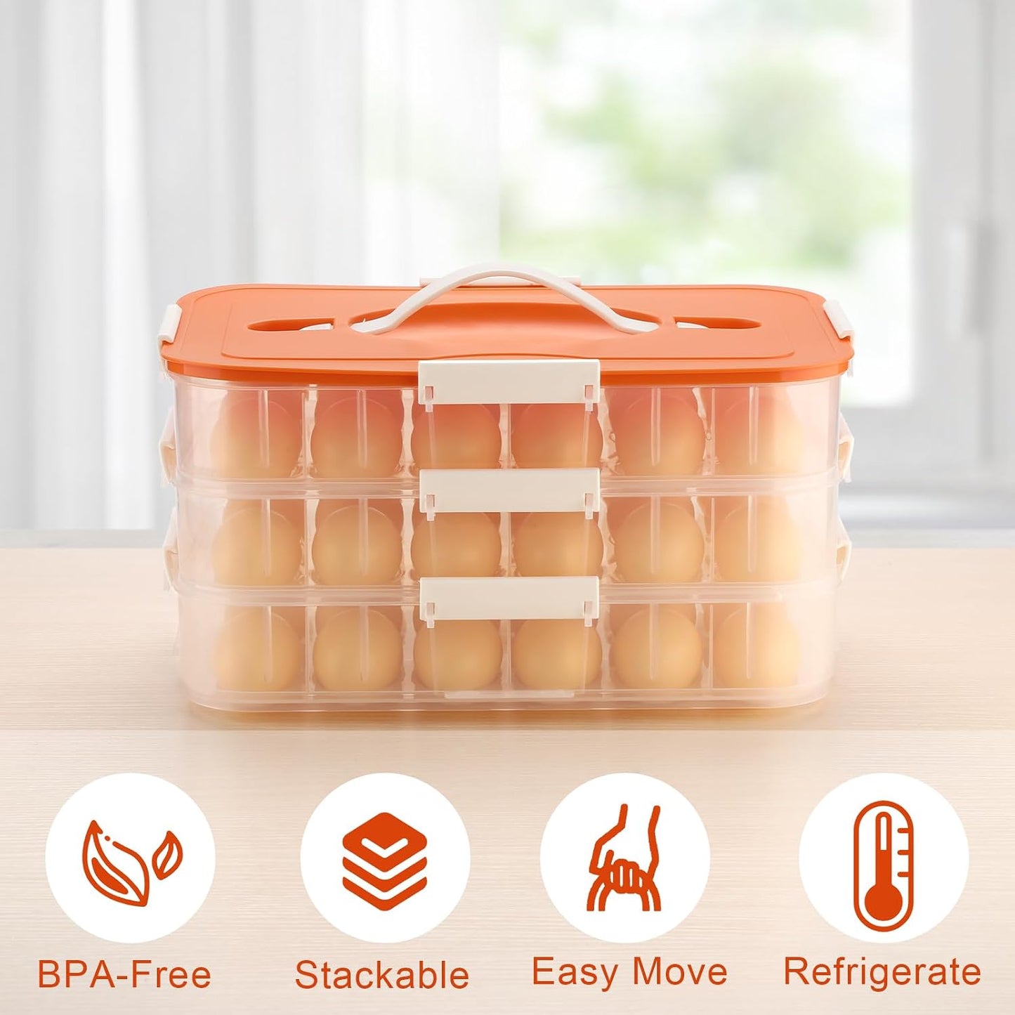 BTSKY Deviled Egg Platter with Lid, 3-Layer 54 Slots Deviled Eggs Carrier, Clear Portable Egg Holder for Fridge Reusable Deviled Eggs Tray Carton Box for Easter and Party Favor (3-Layer, Orange)