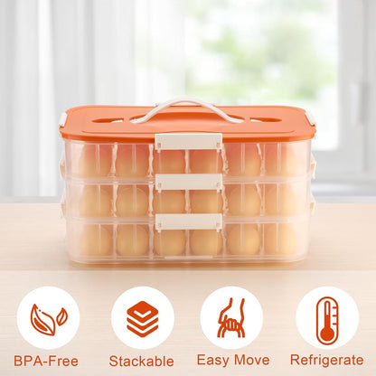 BTSKY Deviled Egg Platter with Lid, 3-Layer 54 Slots Deviled Eggs Carrier, Clear Portable Egg Holder for Fridge Reusable Deviled Eggs Tray Carton Box for Easter and Party Favor (3-Layer, Orange)