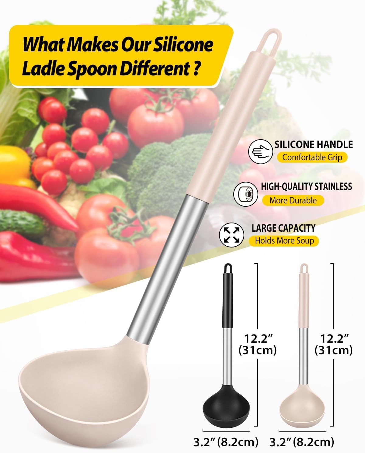 Pack of 2 Ladle Spoon,Silicone Large Spoon for Soup,Non Stick Kitchen Utensils with High Heat Resistant,BPA Free Perfect Kitchen Tools for Cooking, Stirring,Serving Soups (BLACK-WHITE)