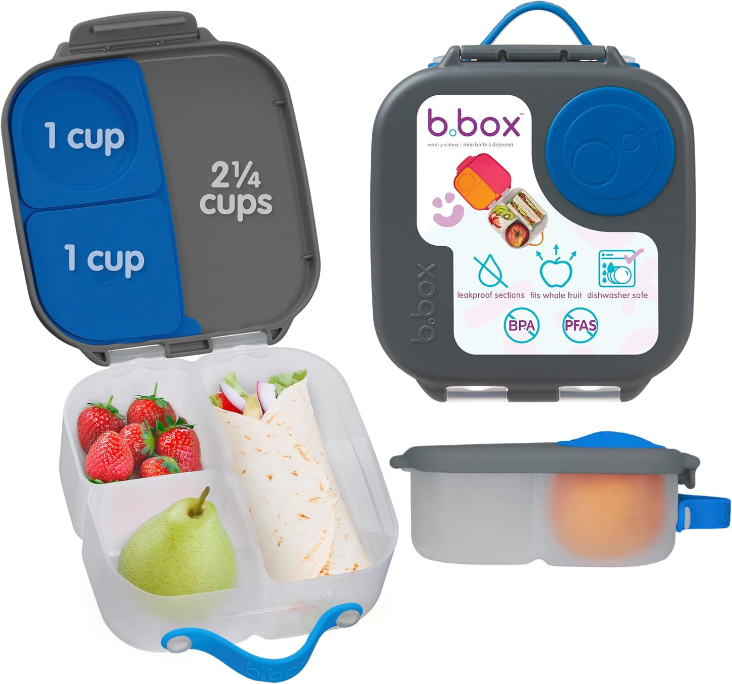 b.box Mini Lunch Box 2-Pack, Leak Proof Bento Box for Kids, 3 Compartment Snack Containers Ages 3+, Lunchbox for Daycare + School, Dishwasher Safe, BPA-Free, PFAS-Free, 4.25 Cup - Blue + Green
