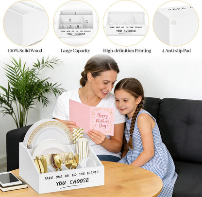 Ameuphercy Wood Paper Plate Holders for Kitchen Counter,Paper Plate Dispenser for Countertop, Rustic Silverware Utensil Caddy for Party,Wooden Plate Organizer Box for Cups Spoons and Forks