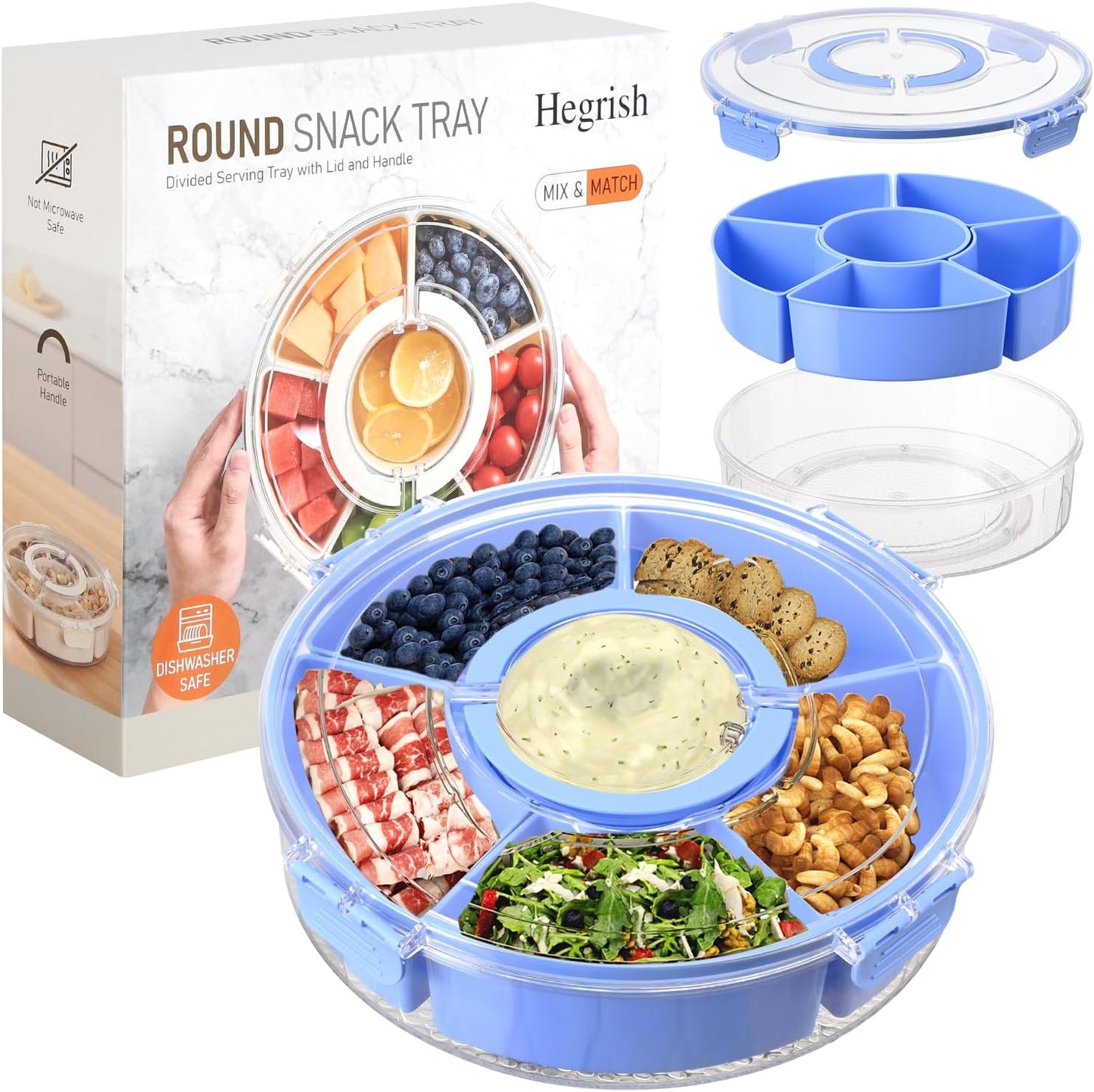 Dishwasher Safety -Divided Rotating Serving Tray with Lid and Handle,Portable Snackle Box for Fruits Snacks Charcuterie,Clear Organizer and Fridge Storage Container,Veggie Platters for Adults Child