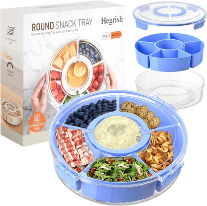 Dishwasher Safety -Divided Rotating Serving Tray with Lid and Handle,Portable Snackle Box for Fruits Snacks Charcuterie,Clear Organizer and Fridge Storage Container,Veggie Platters for Adults Child