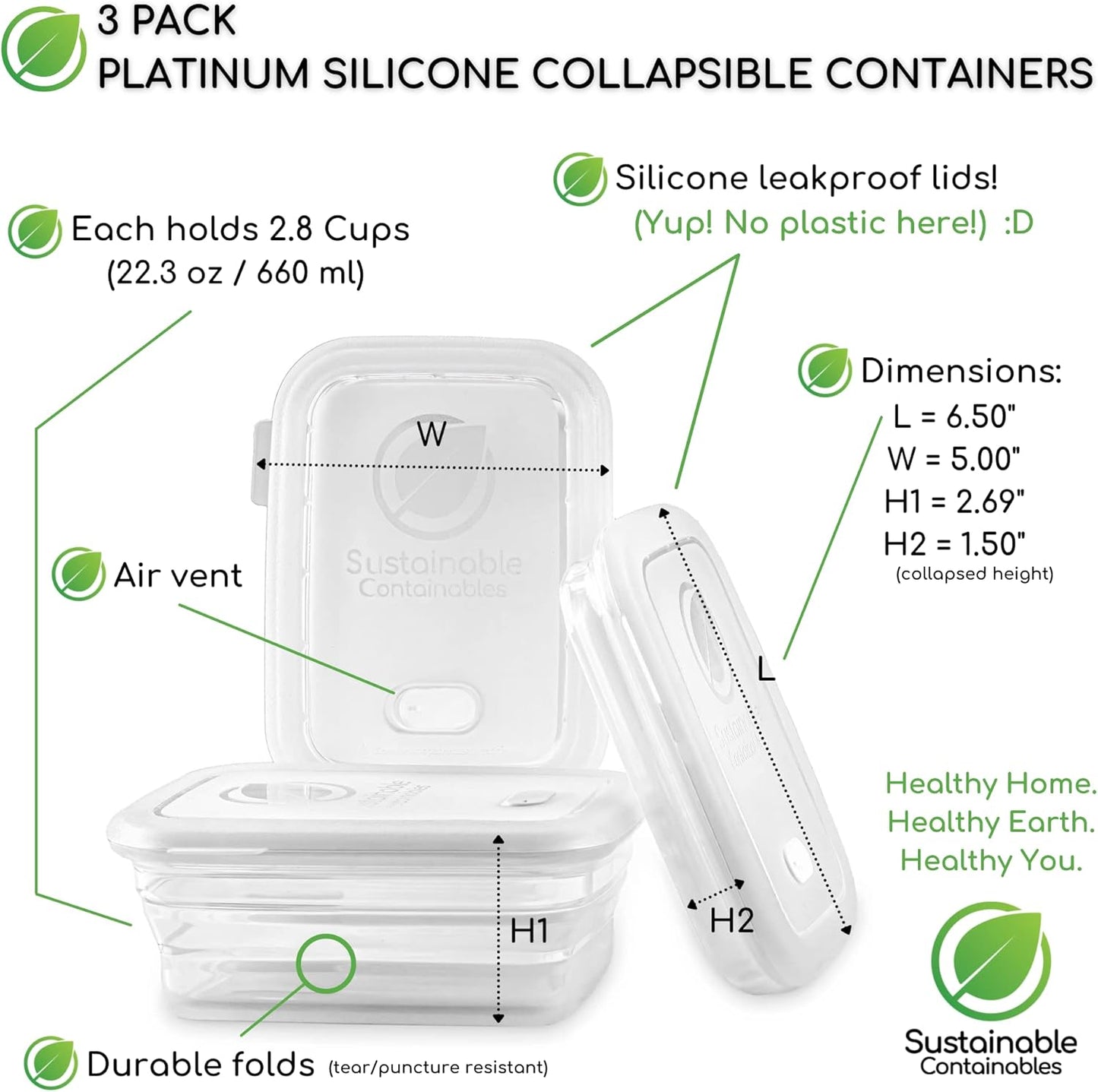Premium Silicone Collapsible Food Storage Containers with Silicone Leakproof Lids, BPA Free, LFGB Food-Grade Certified, Compact, Reusable Lunch Snack Box, Microwave Safe, 2.8 Cups 3 Pk
