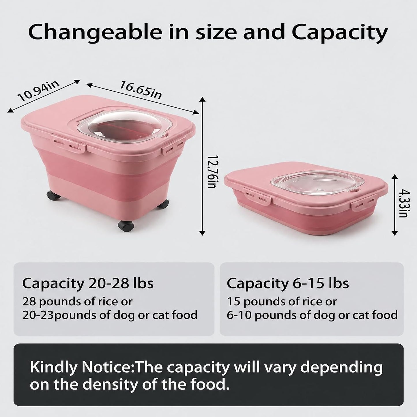 Rice Storage Container Collapsible 20-28 Lbs Food Storage Container with Rolling Wheels and Clear Airtight Lid. BPA Free Flour for Storing Rice, Flour, and Cat Dog Food Storage Container (Pink)