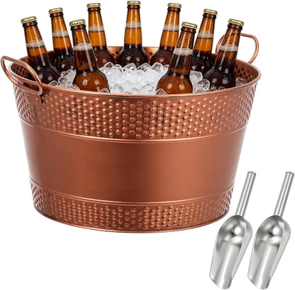 Galvanized Tub Ice Bucket, Retro Large Capacity Round Beverage Tub with Handles to Chill Drinks, Metal Galvanized Drink Buckets for Barbecue, Parties & Weddings