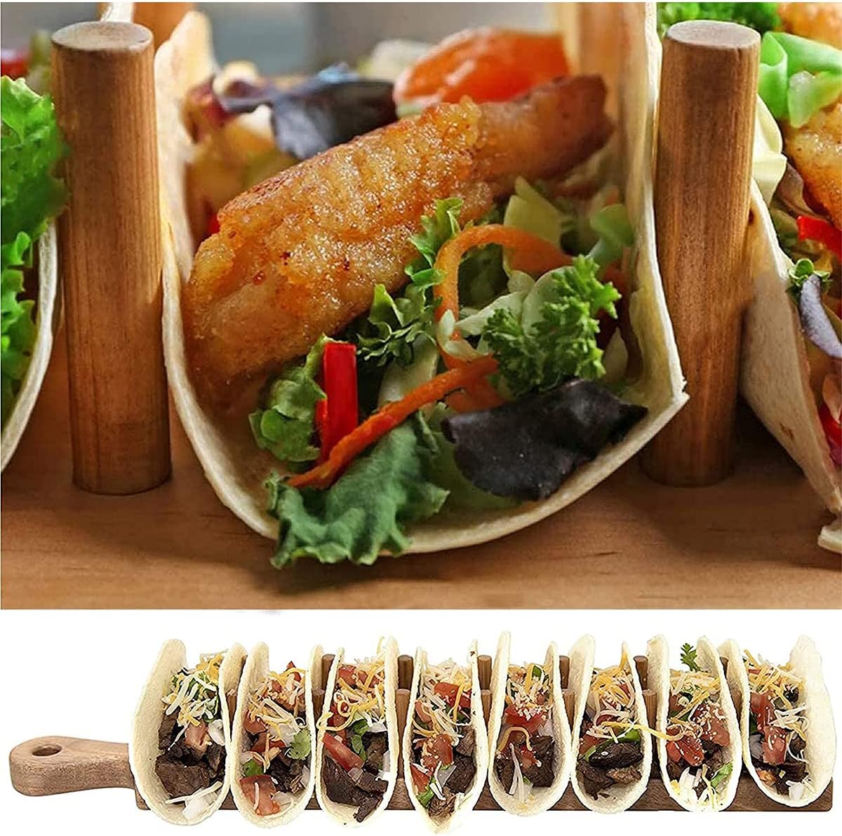 Taco Holder Stand, Taco Tray, Natural Bamboo Taco Plates Rack (Holds 8 Soft or Hard Shell), Wooden Taco Bar Serving Set for a Party, Tortillas, Burritos, Home, Parties (1Pcs)