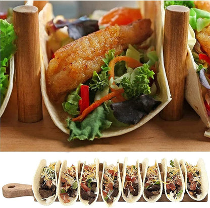 Taco Holder Stand, Taco Tray, Natural Bamboo Taco Plates Rack (Holds 8 Soft or Hard Shell), Wooden Taco Bar Serving Set for a Party, Tortillas, Burritos, Home, Parties (1Pcs)