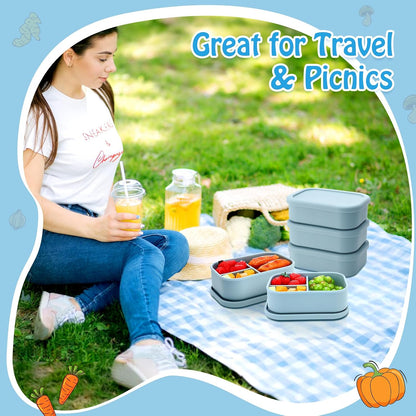Honeydak 6 Pcs Silicone Bento Box Reusable Silicone Bento Lunch Container for Adults Microwave Dishwasher Freezer Safe 3 Compartment (Light Colors)