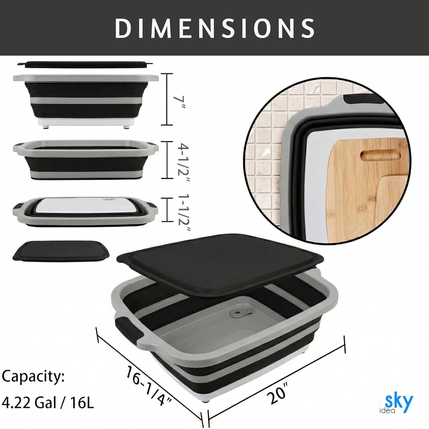Collapsible BBQ Prep Tub with Lid - XL 4.22 GAL Folding Cutting Board & Food Basin for Outdoor Cooking, Marinating Container, Space Saving Prep Station