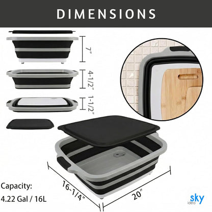 Collapsible BBQ Prep Tub with Lid - XL 4.22 GAL Folding Cutting Board & Food Basin for Outdoor Cooking, Marinating Container, Space Saving Prep Station