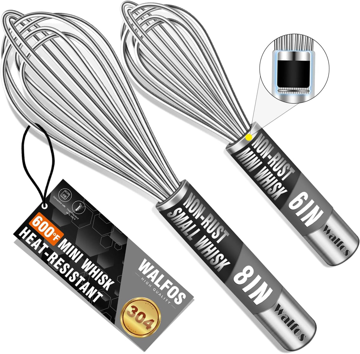 Walfos Whisk,304 Stainless Steel whisk,No-Rust 7+9+11inch Whisks for cooking Nice for Blending,Whisking,Beating.Heat resistant 600°F Dishwasher Safe. Heavy duty kitchen whisk.SILVER