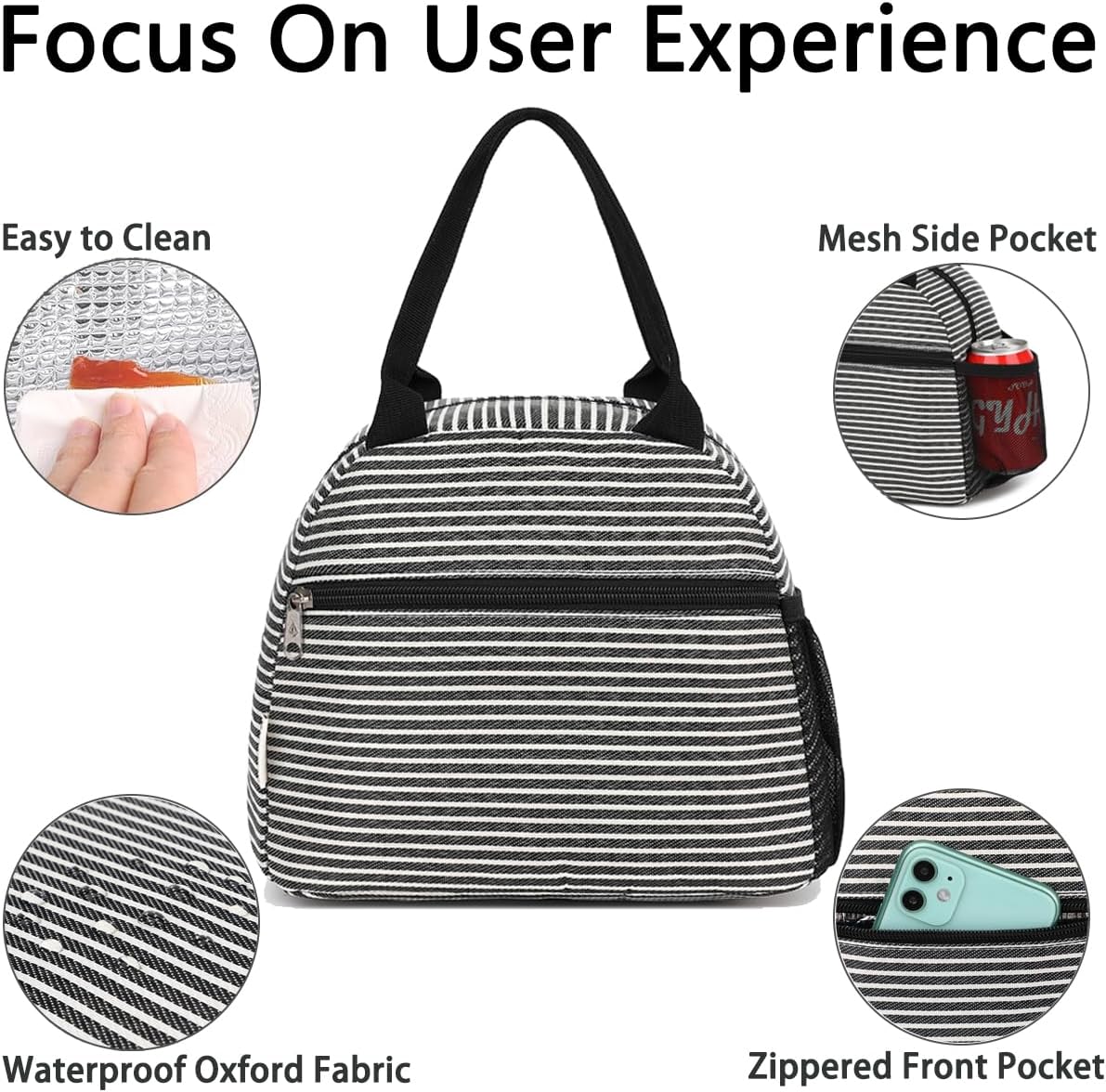 GYEUKHAM Lunch Bag Women, Lunch Box for Adult Men Kids Girls, Small Cute Lunchbox Tote Large Capacity Insulated Lunch Container Cooler for Work School Picnic Travel, Black White Stripes
