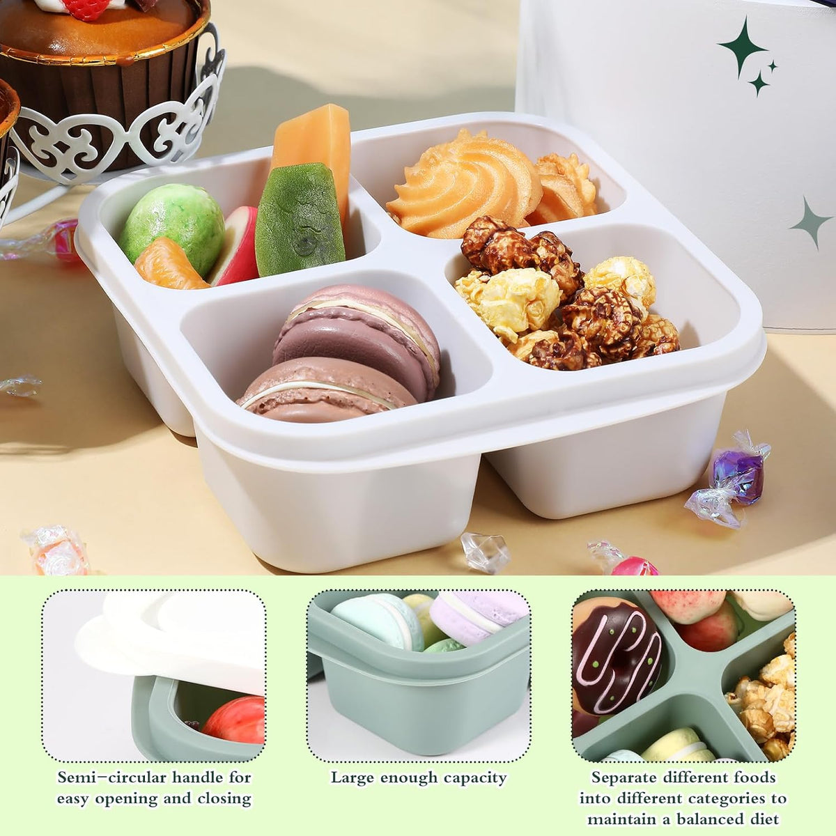 Honeydak 10 Pack Bento Snack Containers 4 Compartment Snack Boxes Reusable Containers with Lids Divided Meal Prep Lunch Food Storage Box for School Work Travel