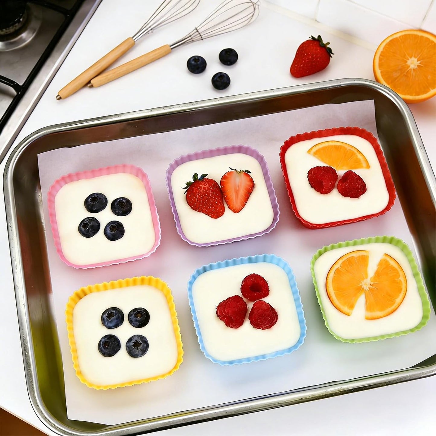 12 Pack Reusable Baking Silicone Molds, Round Cupcake Liners, Silicone Baking Cups Multicolor, Easy Clean, Heat Resistant, Muffin Cups for Homemade Birthday