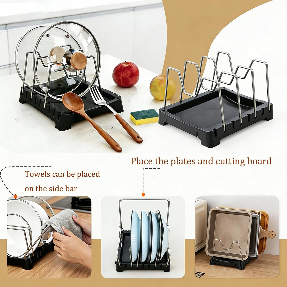 Uidhch Adjustable Pot Lid Holder for Countertop with Drip Tray