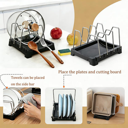 Uidhch Adjustable Pot Lid Holder for Countertop with Drip Tray