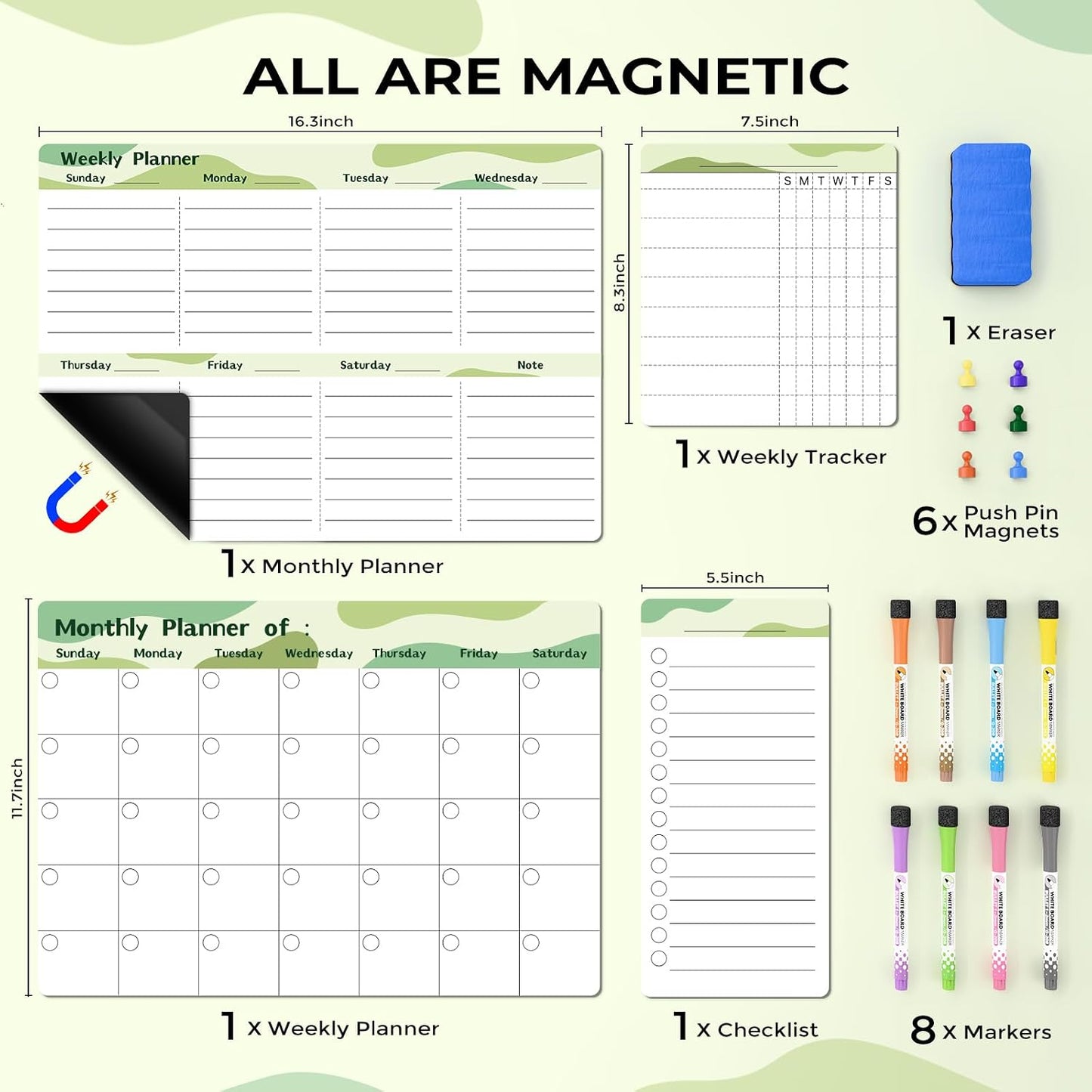 MARSROCK Refrigerator Calendar Magnetic, 16.3x11.7” (4-Pack) – Weekly & Monthly Planner, Chore Chart, Grocery/to-Do List for Fridge, Includes 8 Markers, 6 Magnets & 1 Eraser for Kitchen, Yellow