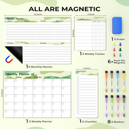 MARSROCK Refrigerator Calendar Magnetic, 16.3x11.7” (4-Pack) – Weekly & Monthly Planner, Chore Chart, Grocery/to-Do List for Fridge, Includes 8 Markers, 6 Magnets & 1 Eraser for Kitchen, Yellow