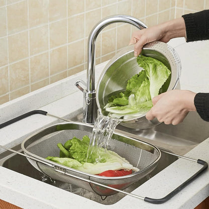 Professional-Grade Stainless Steel Colander – 6-Quart Over-Sink Expandable Strainer Basket with Non-Slip Silicone Handles, Fine Mesh Sieve for Draining Pasta, Washing Veggies, Rinsing Rice & More