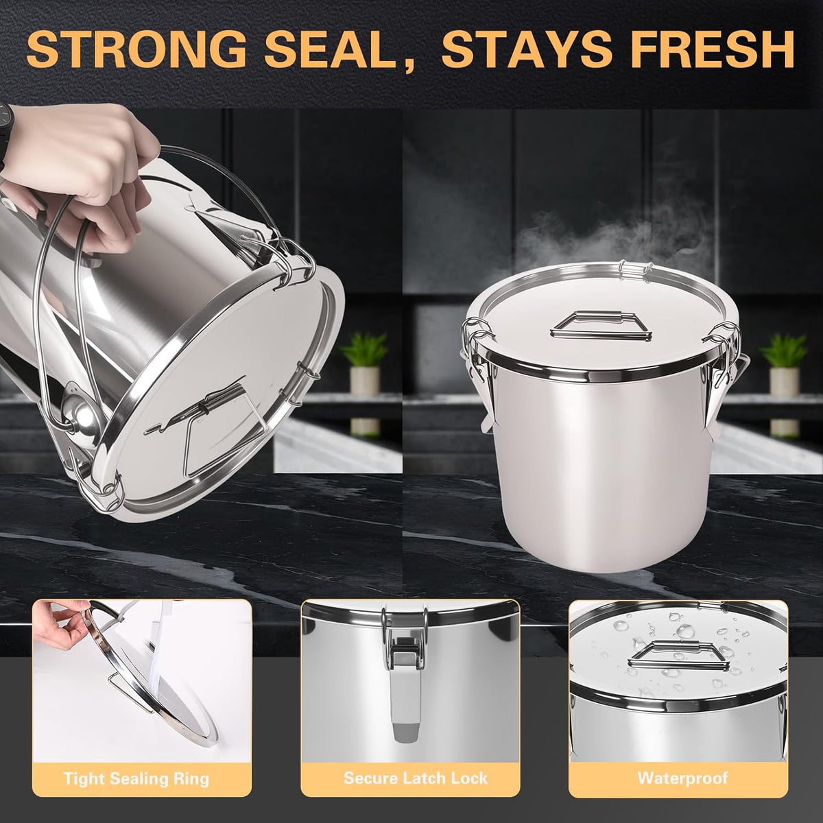 21L/5.6GAL and 12L/3.2GAL Stainless Steel Airtight Canister, Food Storage Canisters with Lid&Locking Clamp for Rice Flour Sugar Grain Coffee Bean Storage Containers (12L & 21L,2 CANISTERS)