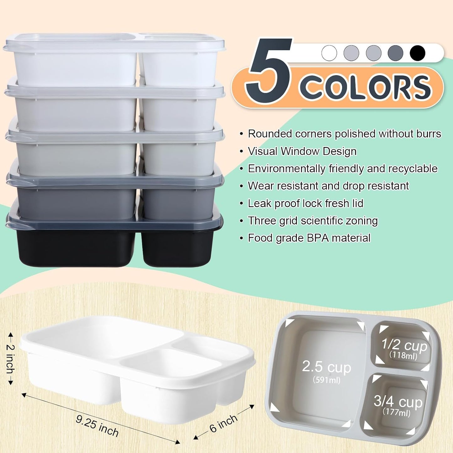 Honeydak 5 Pack Snack Containers 3 Compartment Bento Snack Boxes Divided Meal Prep Containers with Lids Reusable Adults Lunch Food Storage Box for School Work Travel(Elderberry)