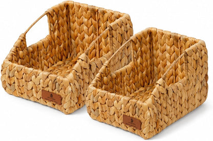 Storage Baskets for Shelves Set of 3, Open-Top Wicker Baskets with Handles, Shelf Organizer Baskets for Pantry, Closet & Bathroom, Water Hyacinth Storage Baskets with Tissue Box Cover