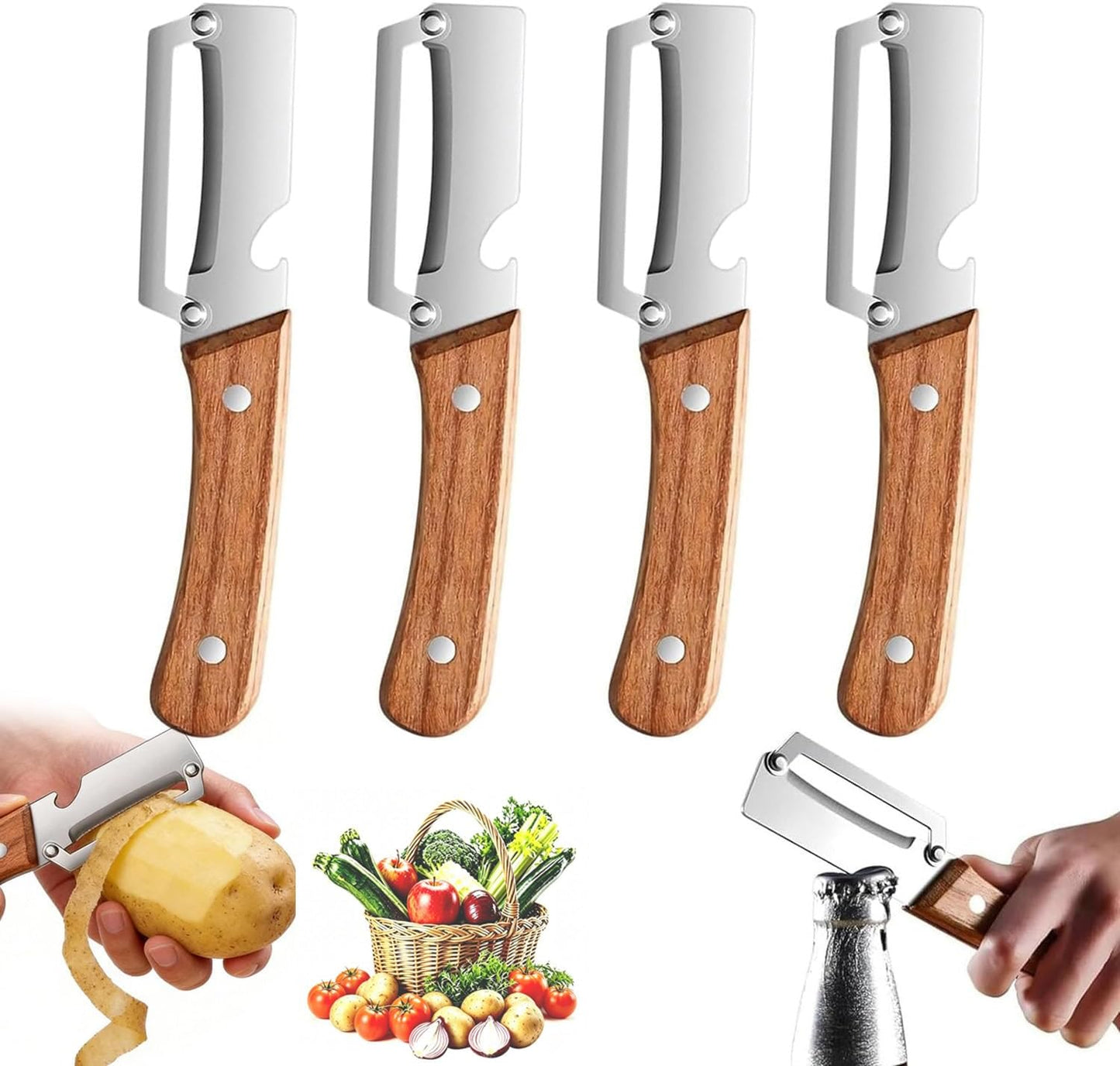 2PCS Multifunctional Vegetable Peeler for Kitchen,2-in-1 Stainless Steel Peeler Kitchen Tool with Wooden Handle and Bottle Opener for Fruit Apple Potato Pumpkin Papaya