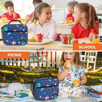opux Insulated Lunch Bag Kids, Lunch Box for School Boy Girl, Leakproof Small Reusable Compact Soft Mini Cooler Bag, Toddler Small Lunch Boxes Kit Pail with Front Side Pockets (Purple)