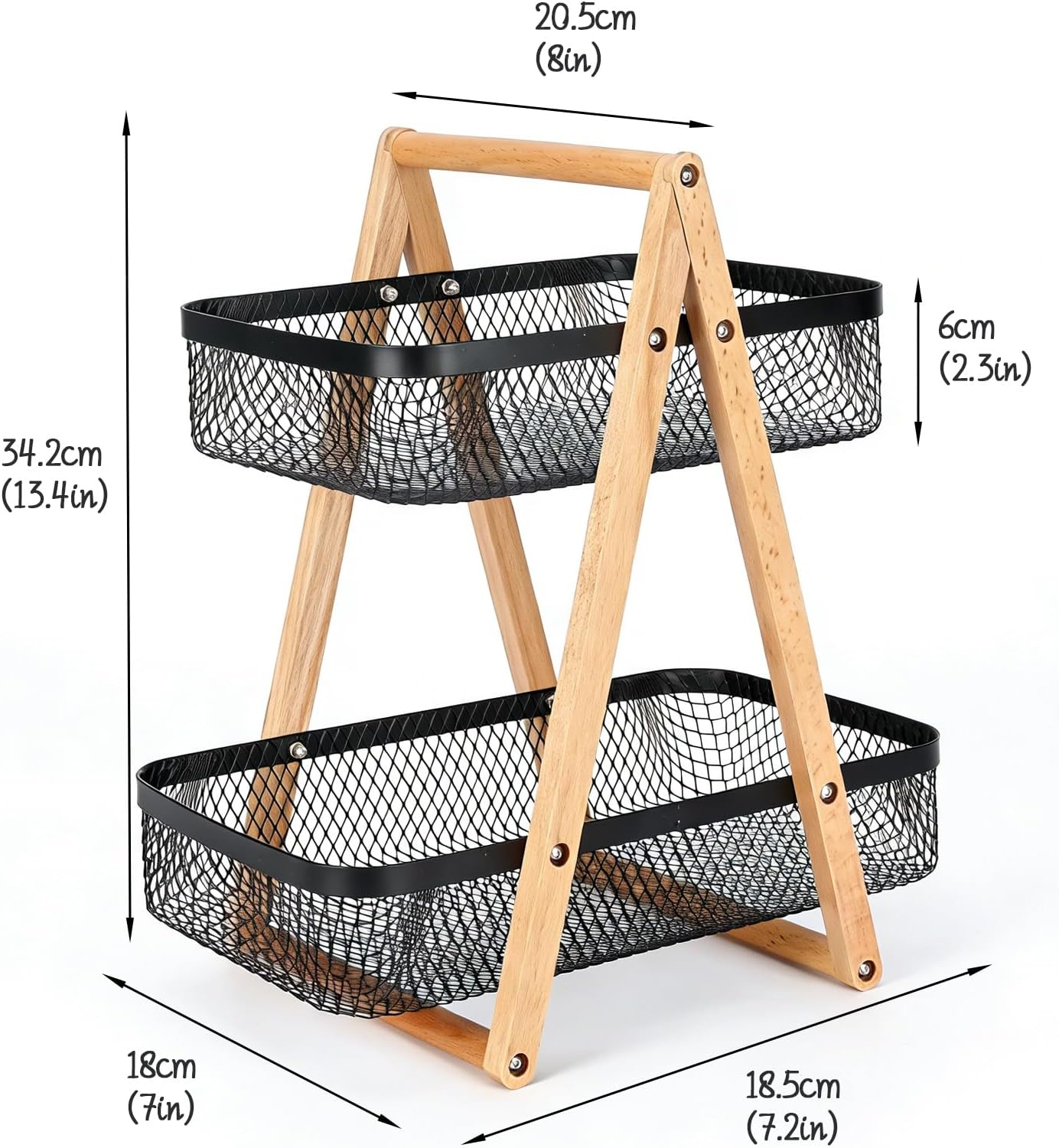 2 Tier Onion and Potato Storage Basket for Pantry, Wire Produce Organizer with Wooden Handle, Kitchen Counter Vegetable Bin for Garlic, Fruit, Bread and Snacks, Black