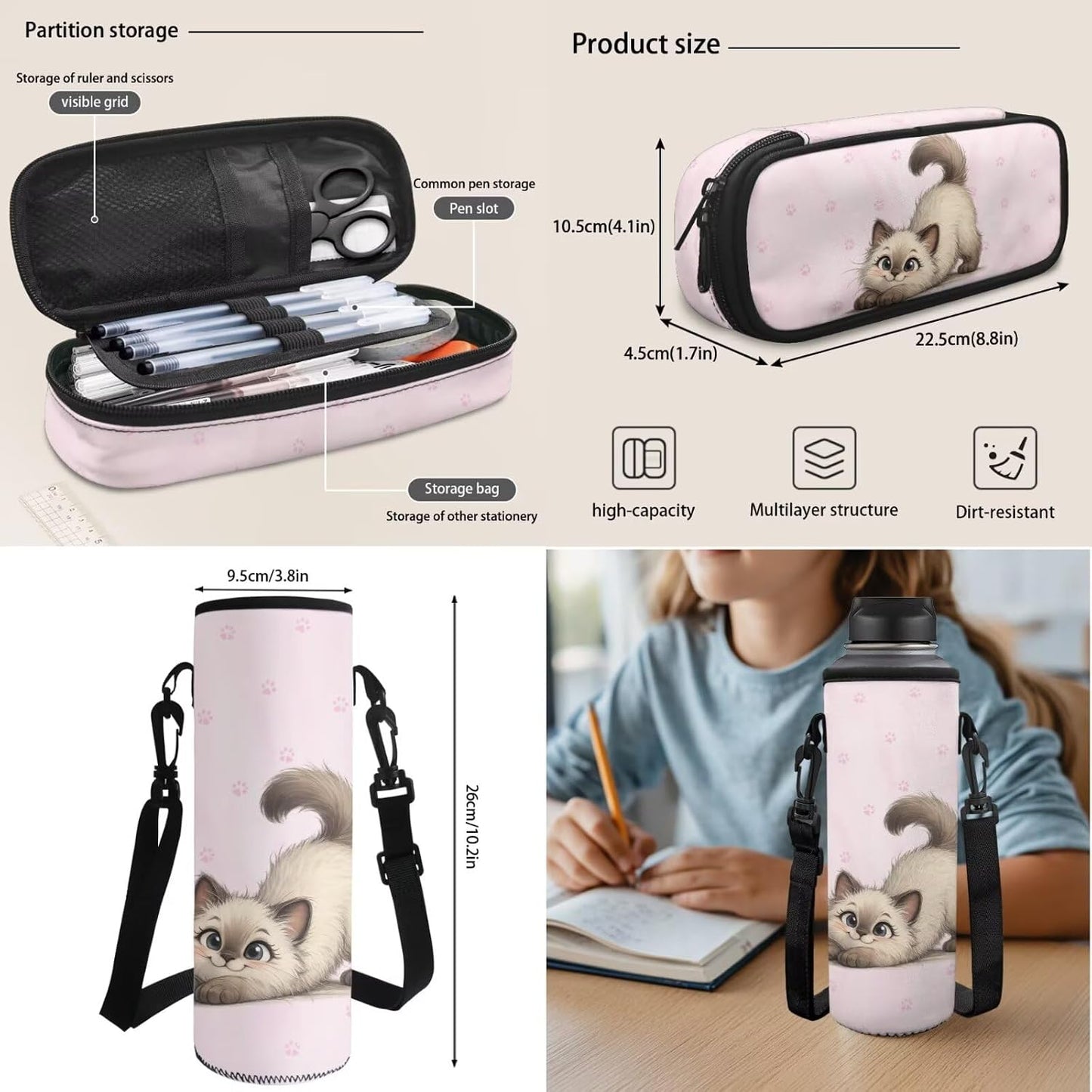 Cute Capybara Pizza Backpack for Girls, 5 Pcs Boys School Bag Set for Kids, 17 Inch Backpacks Lunch Pencil Box Reusable Utensils Case Set for Middle Elementary School, 3rd Grade Backpack
