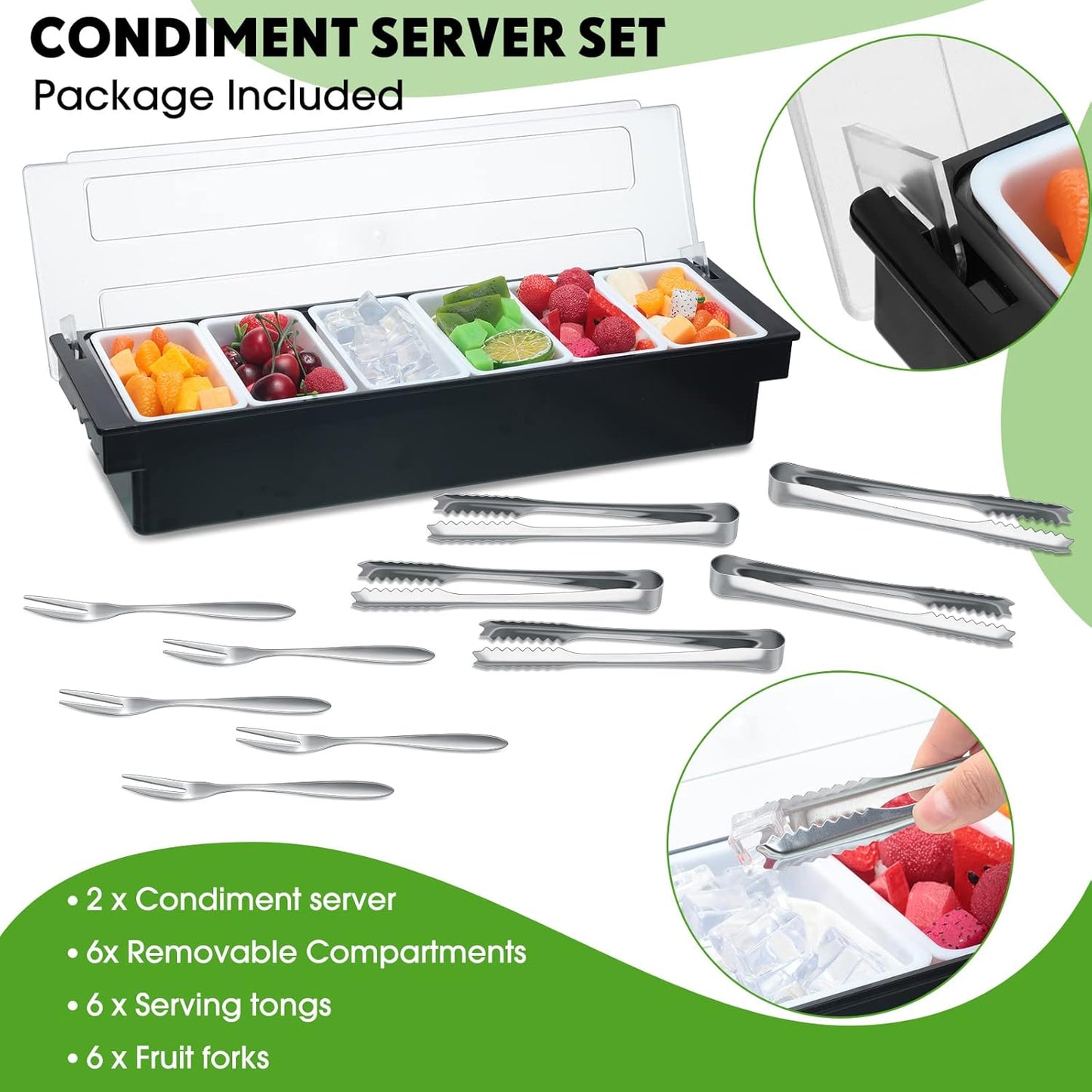 2 Ice Cooled Garnish Tray Deck Bar Garnish Caddy Condiment Containers with Lids and Removable Chilled Condiment Server with 6 Tongs and 6 Fruit Forks (6 Compartments)