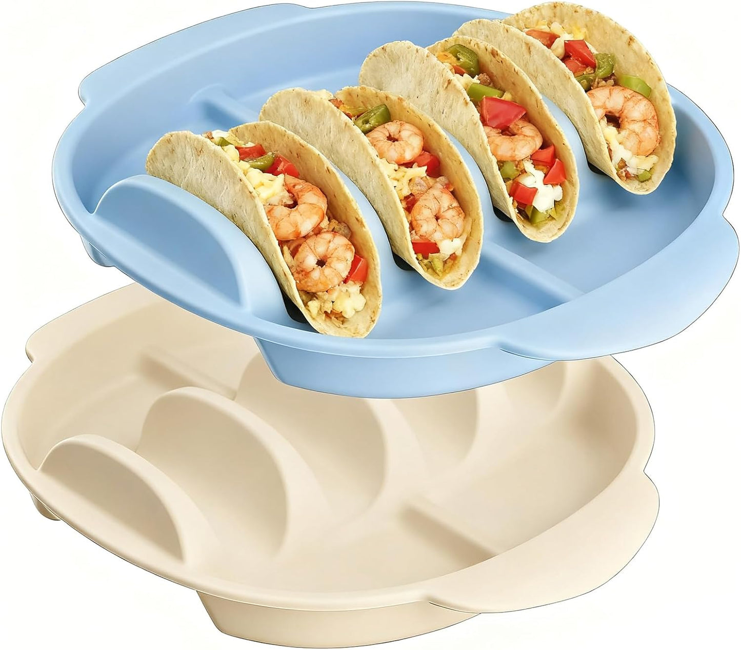 Silicone Taco Holders Set of 2, Reusable Taco Plates with 4-Shell Slots, Tacos Rack Holder Stands with Handle for Tortillas Party Serving, Family Dinner & Meal Prep Accessories(Dark Blue + White)