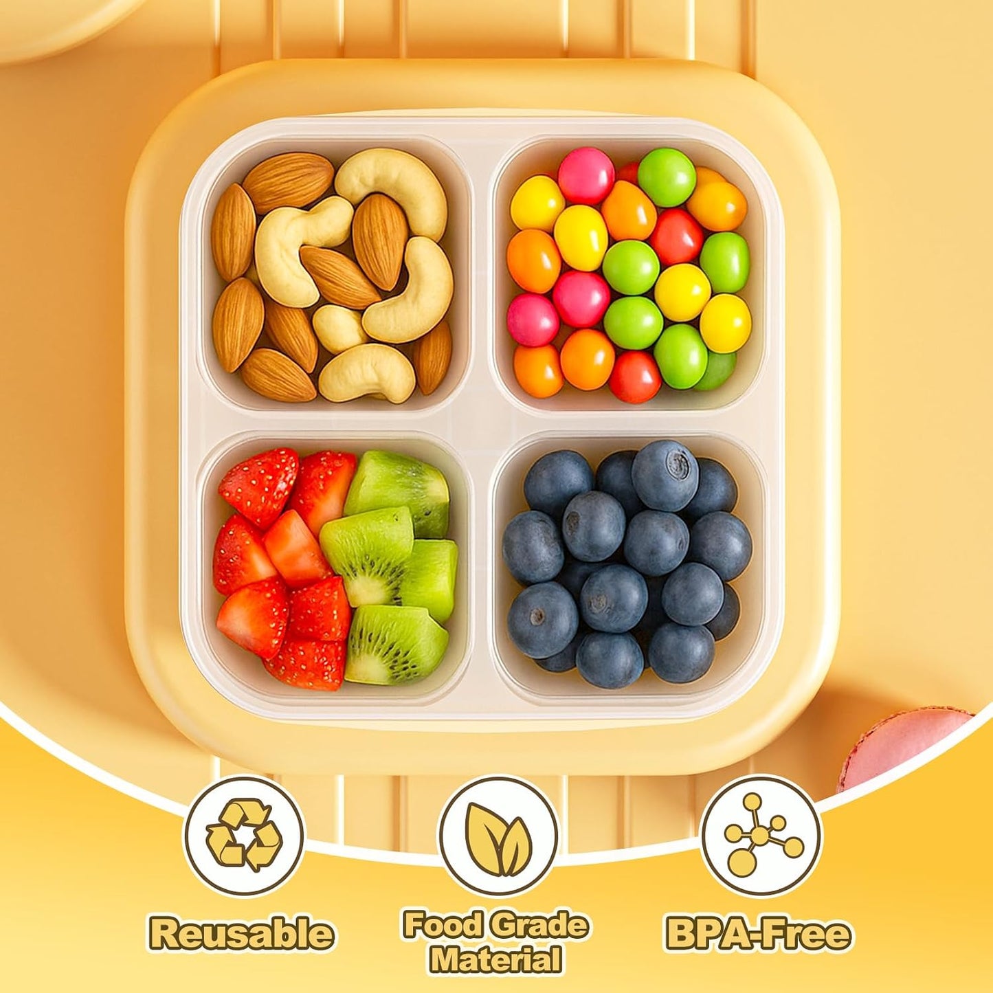 6 Pcs Snack Box Container Set, Reusable 3&4 Compartment Meal Prep Snack Containers for Adults Kids Toddler, BPA-Free Divided Lunchable Container for School, Work and Travel (Transparent Lids)