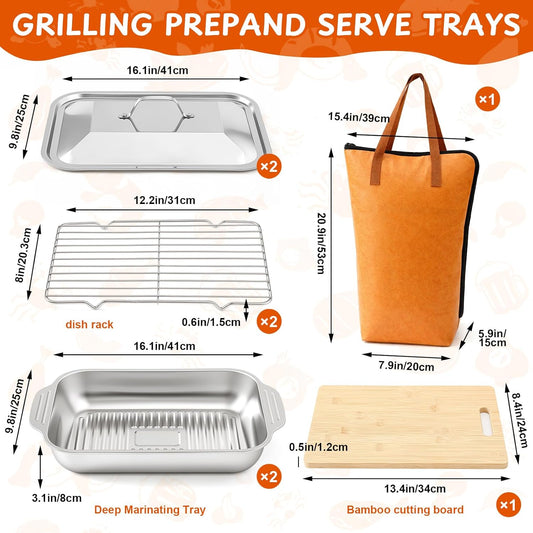 Hushee 6 Pcs Stainless Steel Grill Prep and Serve Tray Set, Grill Carry System, Large Marinating Container with Lid, Metal Grates, Cutting Board, Meat BBQ Blanket Food Prep, BBQ Grilling Accessories
