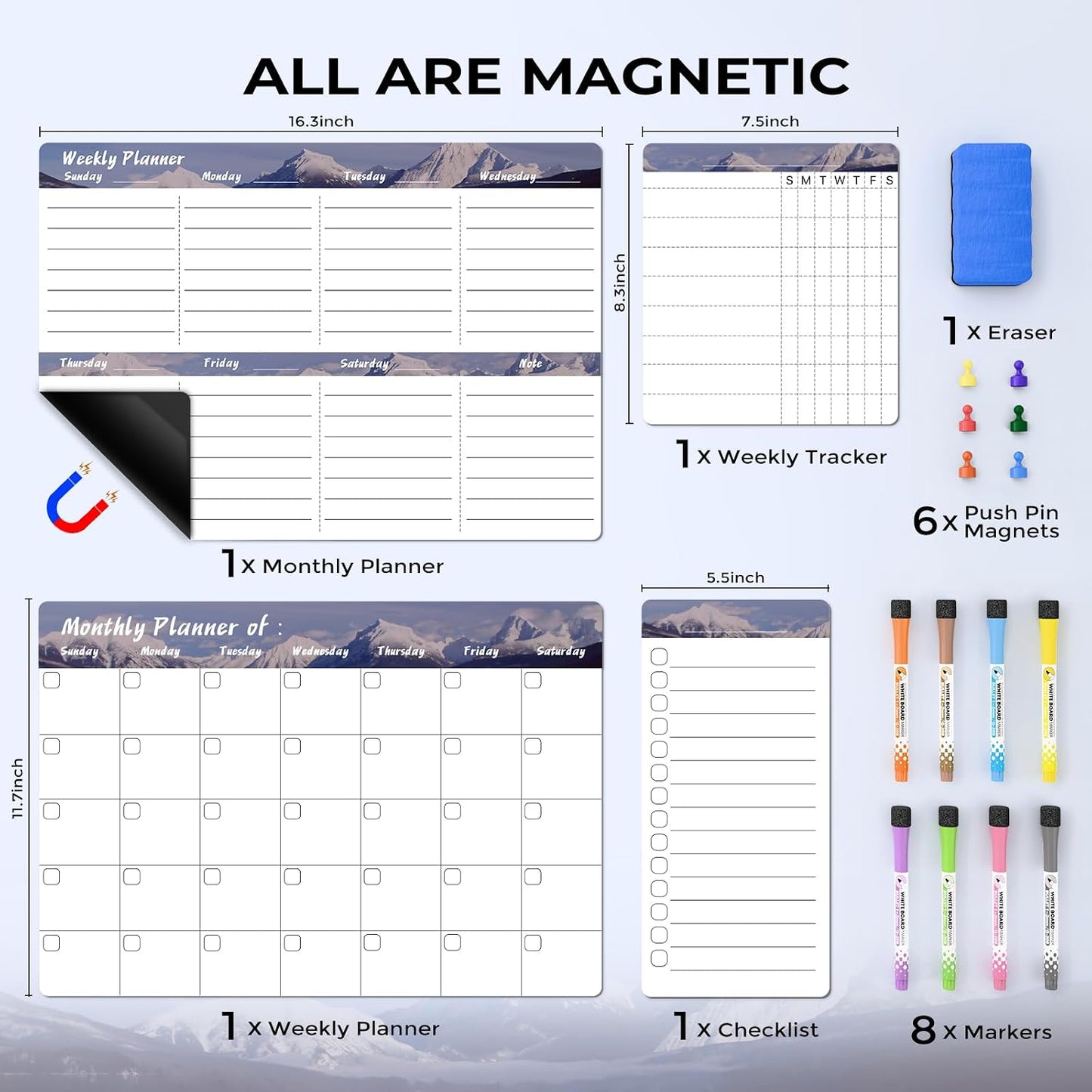 MARSROCK Refrigerator Calendar Magnetic, 16.3x11.7” (4-Pack) – Weekly & Monthly Planner, Chore Chart, Grocery/to-Do List for Fridge, Includes 8 Markers, 6 Magnets & 1 Eraser for Kitchen, Yellow