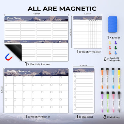 MARSROCK Refrigerator Calendar Magnetic, 16.3x11.7” (4-Pack) – Weekly & Monthly Planner, Chore Chart, Grocery/to-Do List for Fridge, Includes 8 Markers, 6 Magnets & 1 Eraser for Kitchen, Yellow