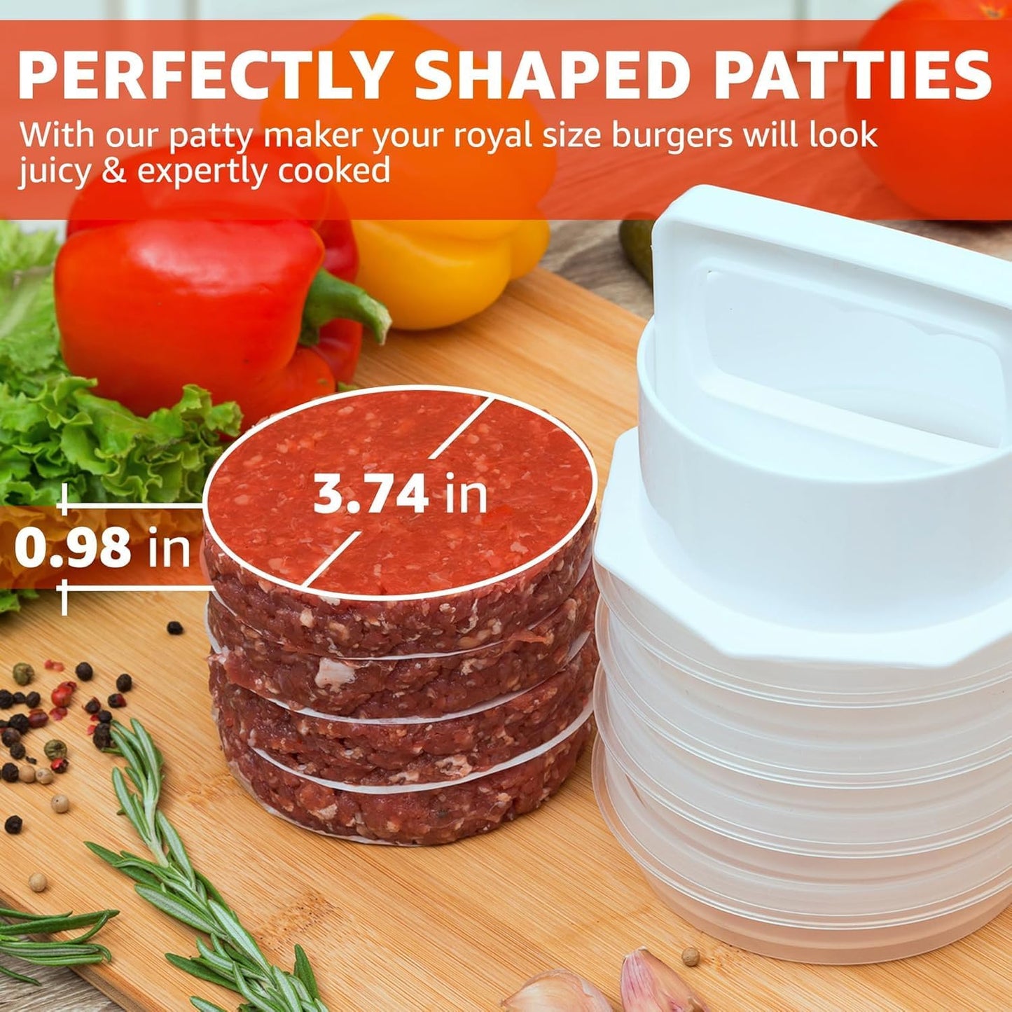 Hamburger Press Patty Maker - 4 in1, Burger Mold, Patty Press, 7 Storage Containers, 100 Round Papers - Hamburger Patty Maker Tool for BBQ - Burger Shaper for Meat, Veggie Patties