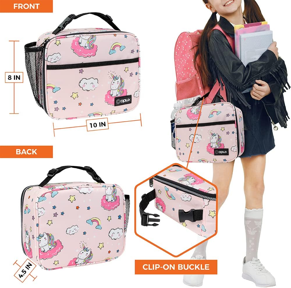 opux Insulated Lunch Bag Kids, Lunch Box for School Boy Girl, Leakproof Small Reusable Compact Soft Mini Cooler Bag, Toddler Small Lunch Boxes Kit Pail with Front Side Pockets (Purple)