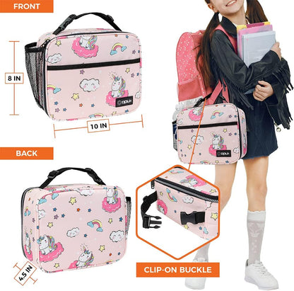 opux Insulated Lunch Bag Kids, Lunch Box for School Boy Girl, Leakproof Small Reusable Compact Soft Mini Cooler Bag, Toddler Small Lunch Boxes Kit Pail with Front Side Pockets (Purple)