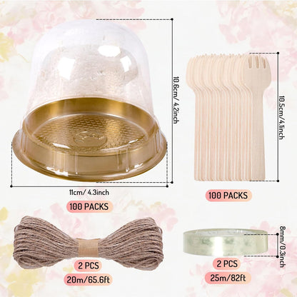 Whaline 50 Sets Disposable Individual Charcuterie Cup Clear Plastic Round Cake Boxes with Dome Lids Mini Wooden Spork Rope for Outdoor Snack Packing Open Houses Gatherings Wedding Party Event