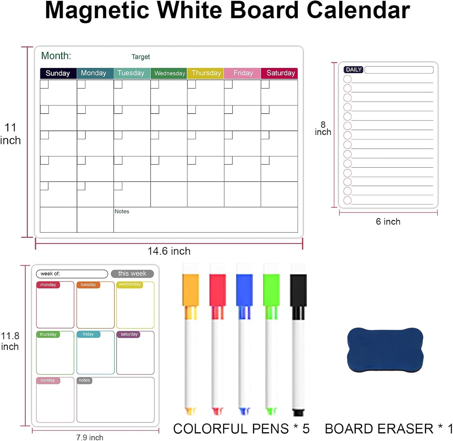 Magnetic Dry Erase Fridge Calendar Whiteboard Set,3 Pack 14.6" x 11" Reusable Refrigerator Calendar for Fridge & Wall-Monthly, Weekly,Daily Planners Refrigerator White Board with 5 Markers and Eraser