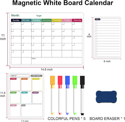 Magnetic Dry Erase Fridge Calendar Whiteboard Set,3 Pack 14.6" x 11" Reusable Refrigerator Calendar for Fridge & Wall-Monthly, Weekly,Daily Planners Refrigerator White Board with 5 Markers and Eraser